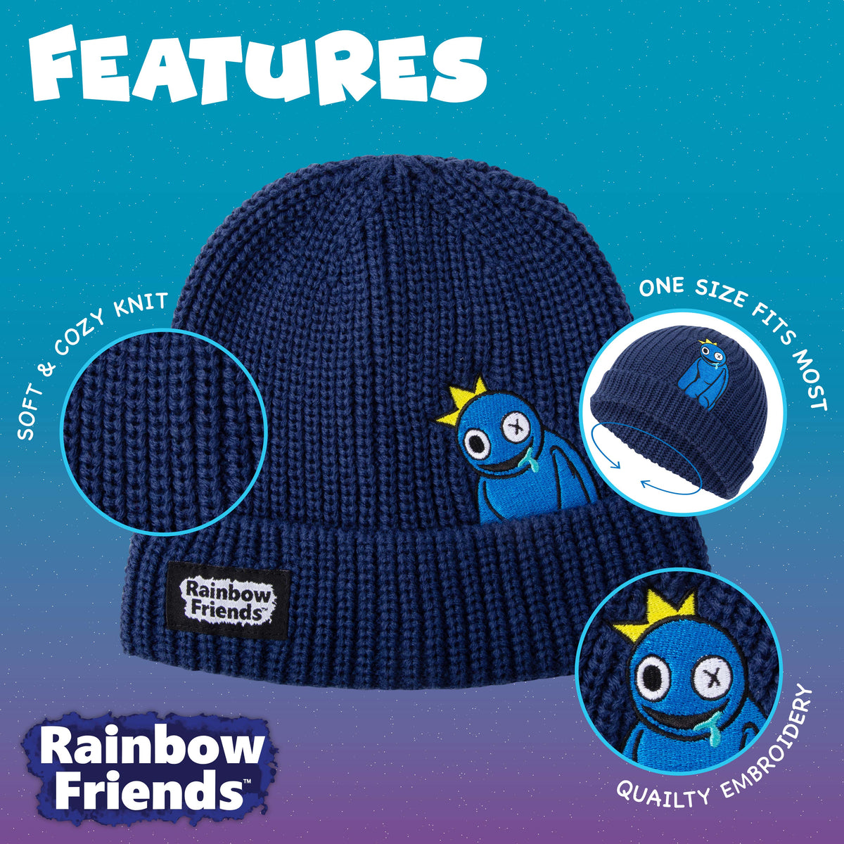 RAINBOW FRIENDS - Peeking Blue Embroidered Ribbed Beanie 