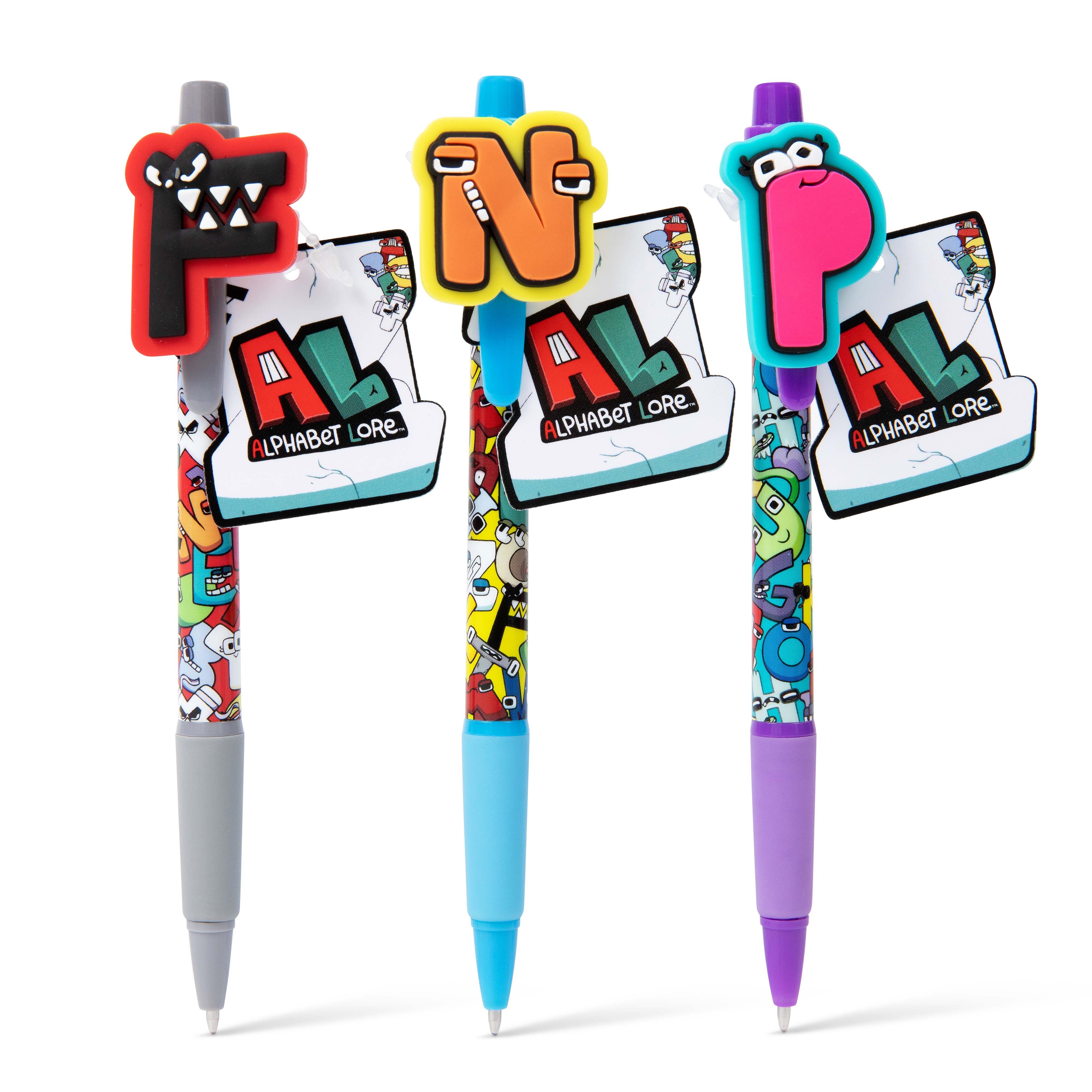 ALPHABET LORE – FNP Charm Pen Set (3-Pack) | 5.6" Tall Writing Utensils w/ Character Toppers | Back-to-School Essentials | School Supplies | Smooth-Writing w/ Black Ink | Officially Licensed